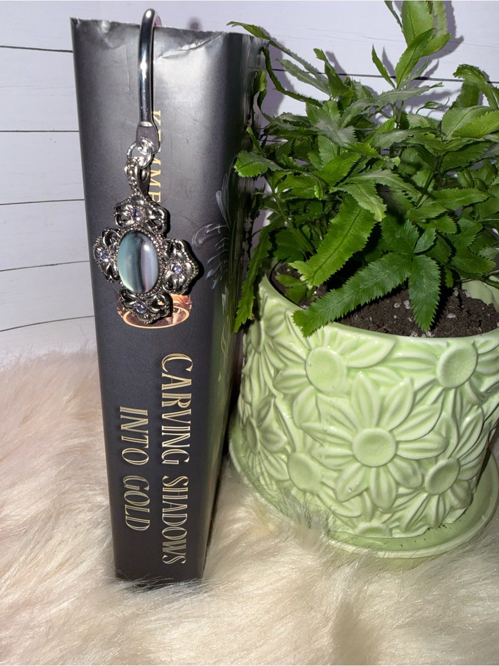Ornate Silver-Tone Book Hook with Oval Abalone Cross Accent
